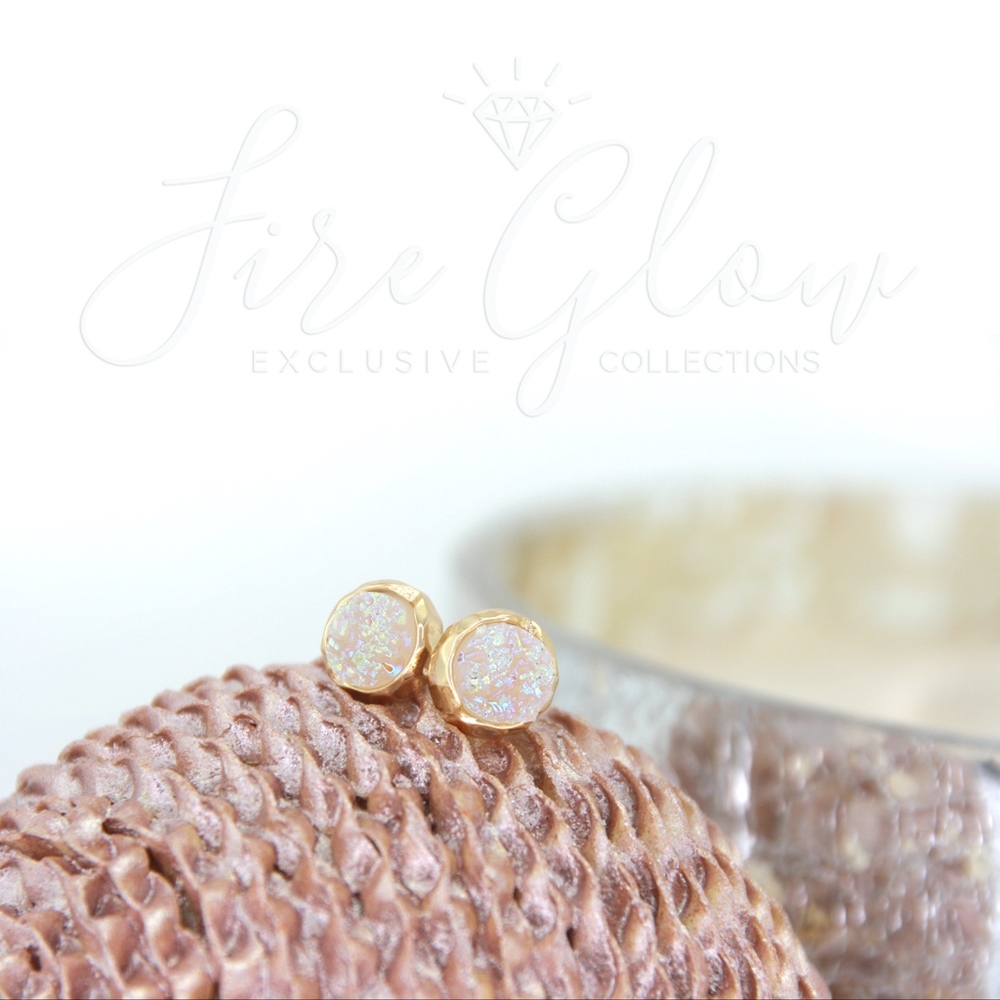 Gold Tone Earrings - Iridescent Opal Drusy / Druzy - Picture 6 of 7